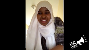 Young woman in hijab discussing issues